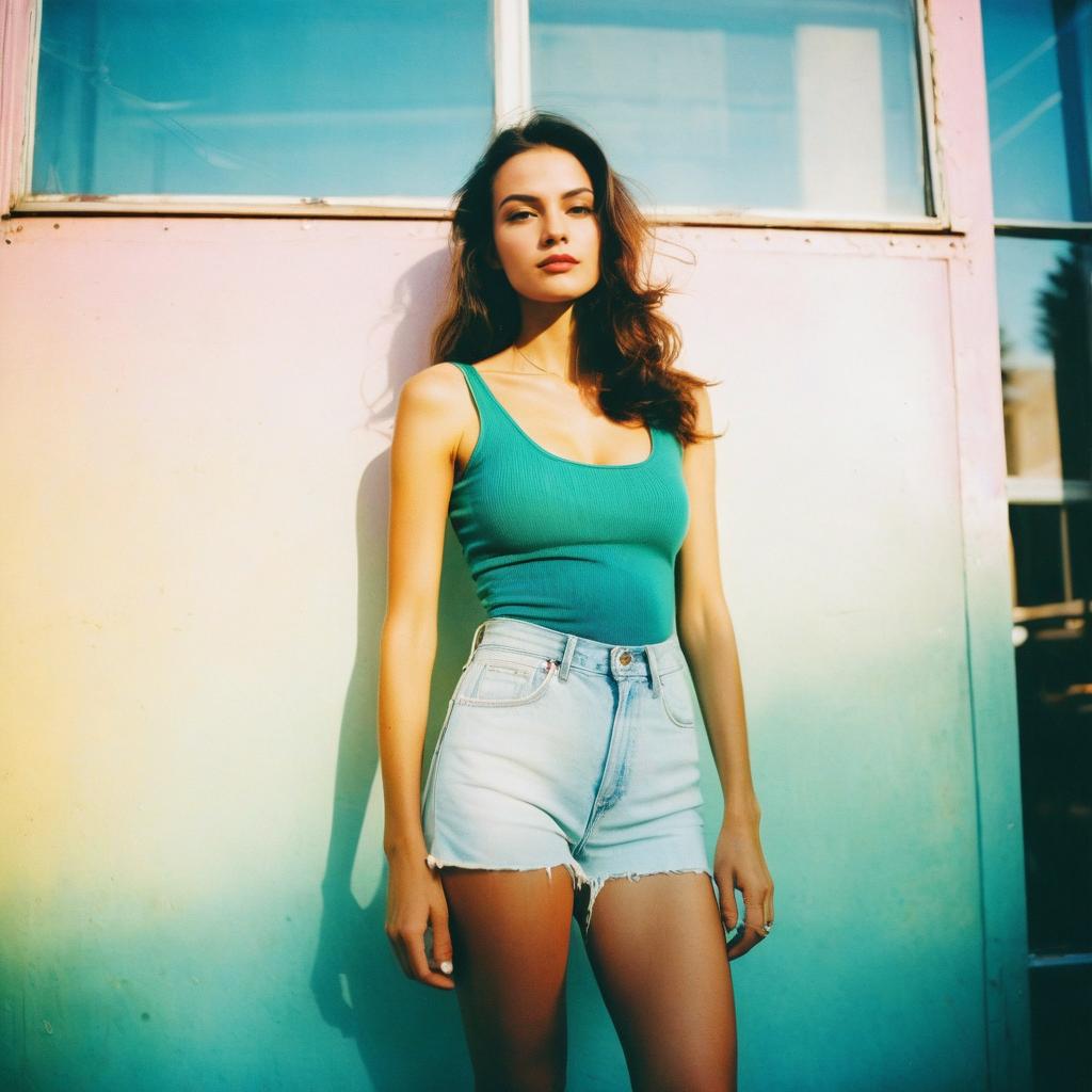 Confident Young Woman in Teal Top Against Pastel Wall