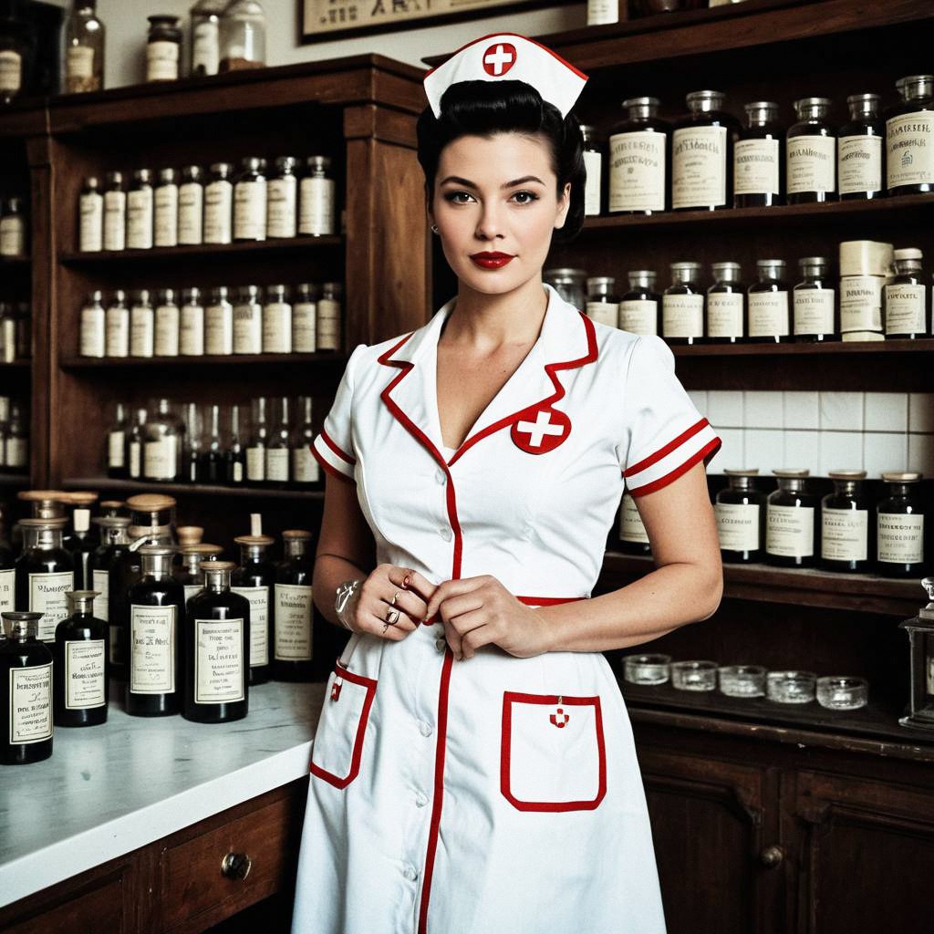 Confident Retro Nurse in Vintage Apothecary