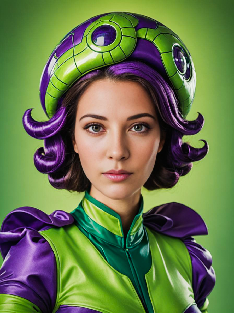 Whimsical Woman in Green and Purple Doop Costume