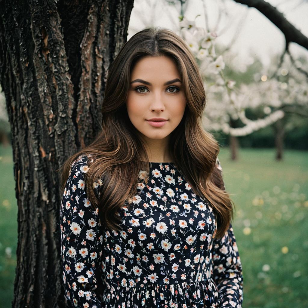 Realistic Portrait of Woman in Floral Dress Outdoors by Tree