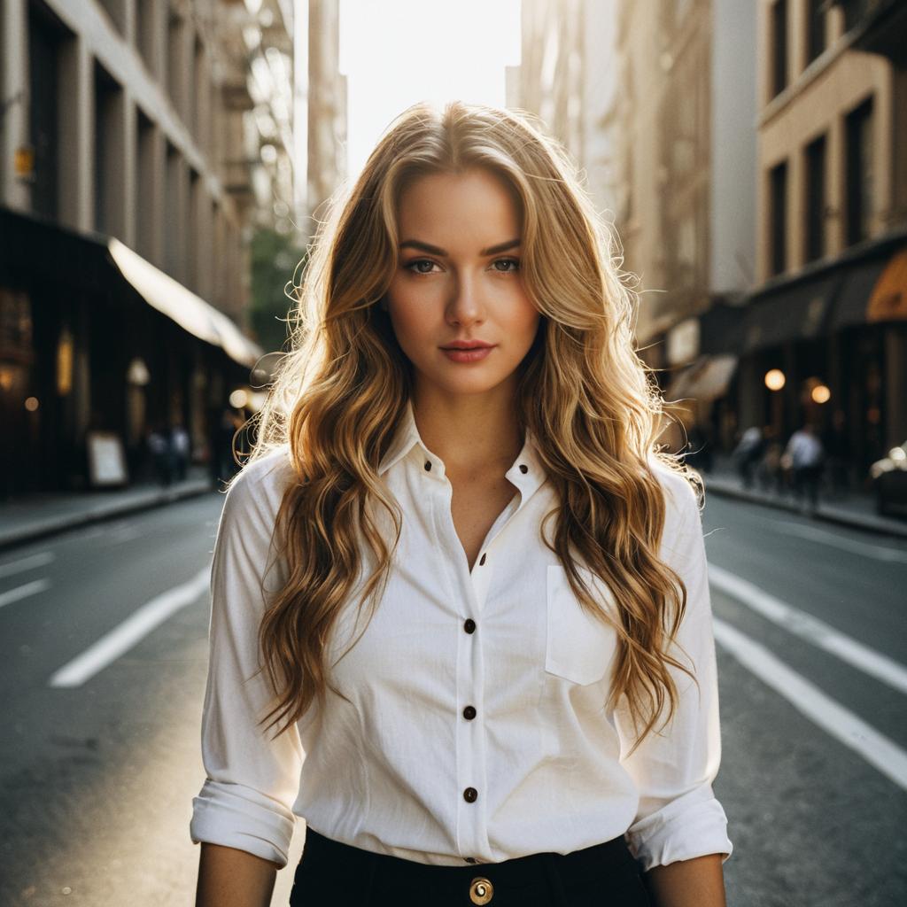 Confident Woman Standing on Urban Street at Golden Hour Wearing White Shirt Confident Woman Standing on Urban Street at Golden Hour Wearing White Shirt