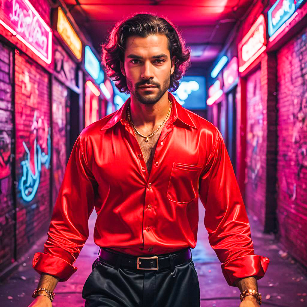 Stylish Man in Red Shirt in Neon Alley