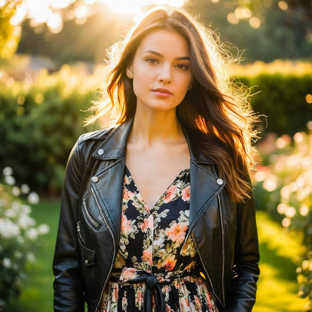 Young Woman in Floral Dress and Leather Jacket in Garden Young Woman in Floral Dress and Leather Jacket in Garden