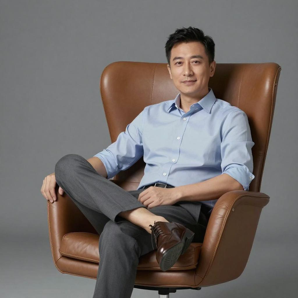 Confident Man in Blue Shirt Sitting on Brown Leather Chair
