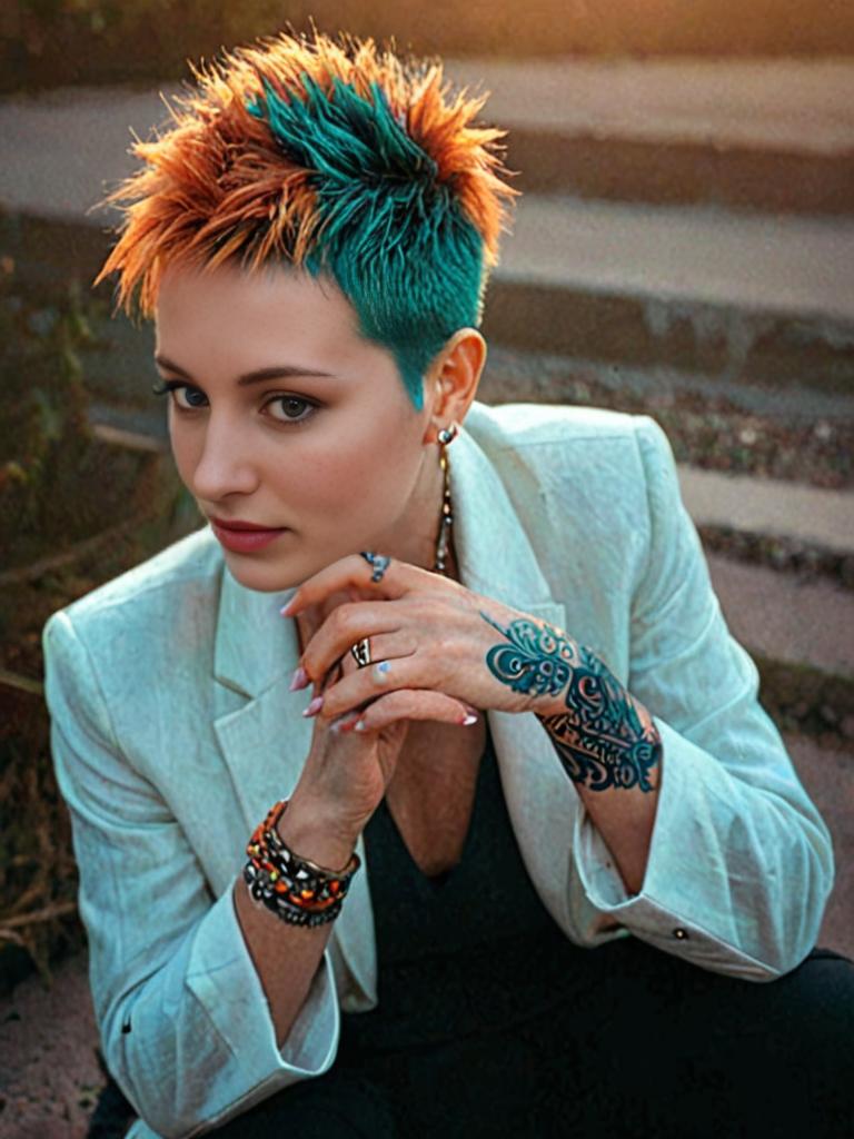 Stylish woman with pixie haircut, tattoo, and artistic jewelry