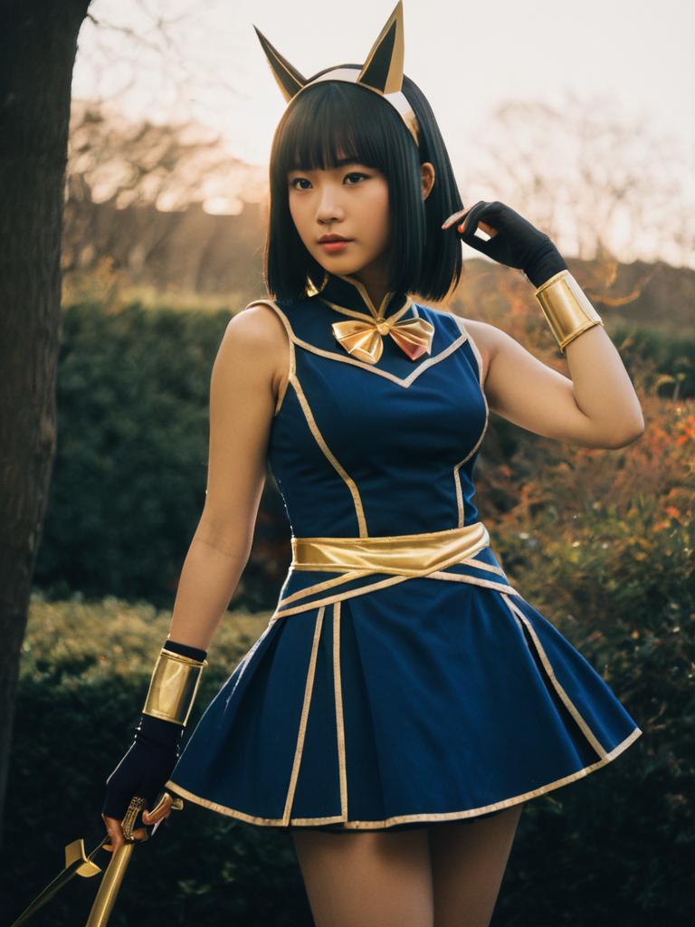 Naomi Misora Cosplay Woman in Elegant Navy Blue and Gold Costume
