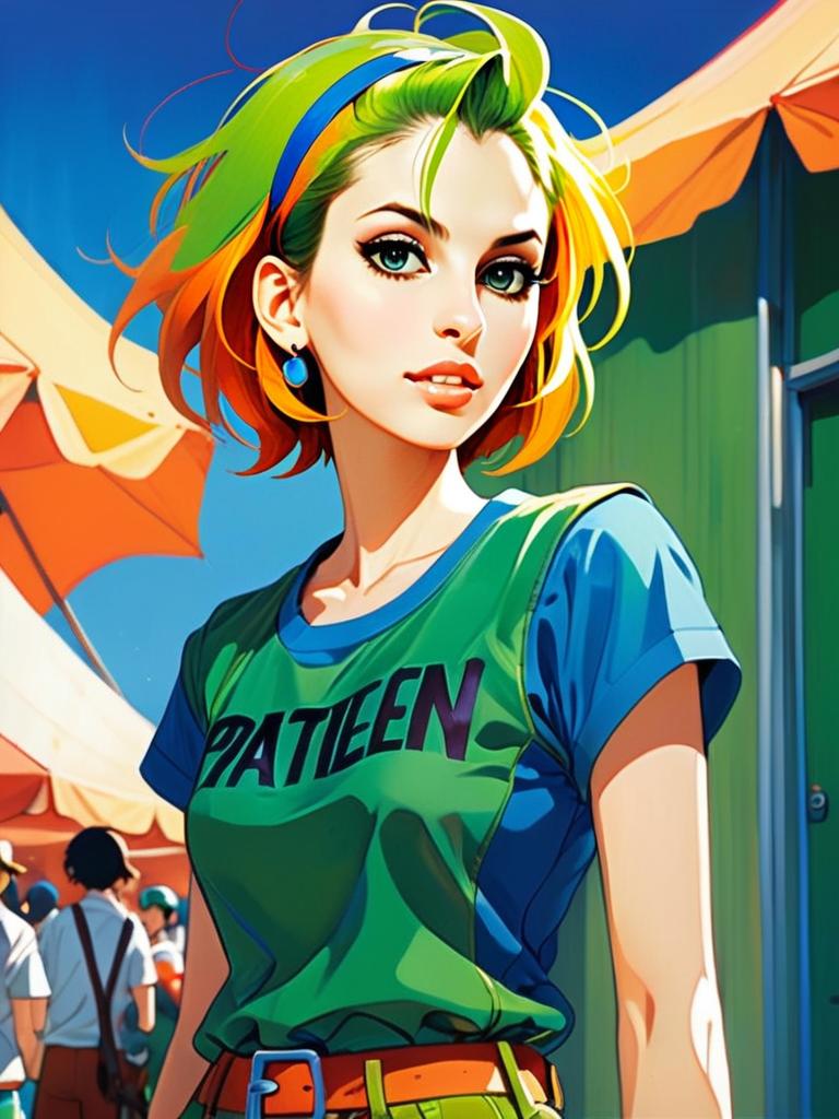 Young Woman with Green and Yellow Hair in Outdoor Setting Young Woman with Green and Yellow Hair in Outdoor Setting