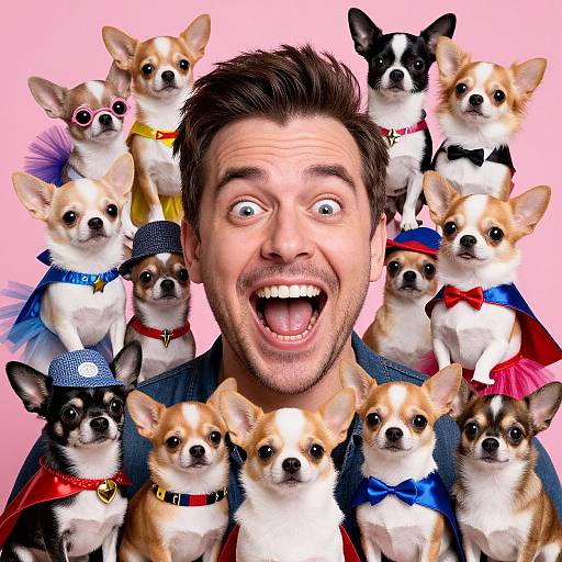 Happy Man Surrounded by Costumed Chihuahuas on Pink Background