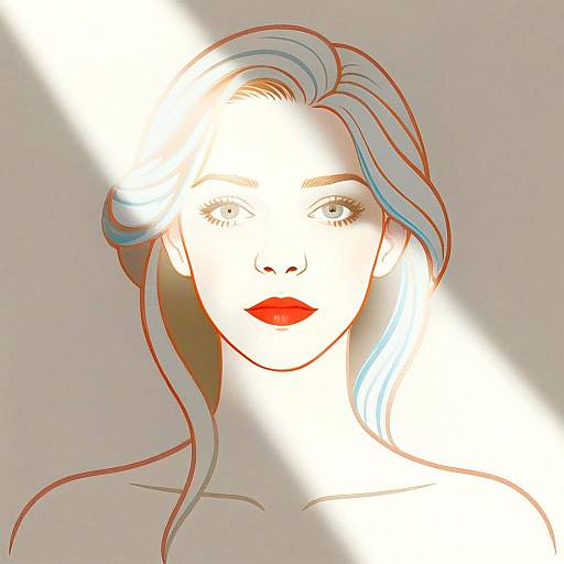 Stylized Digital Portrait of a Woman with Red Lips and Soft Blue Hair Highlights