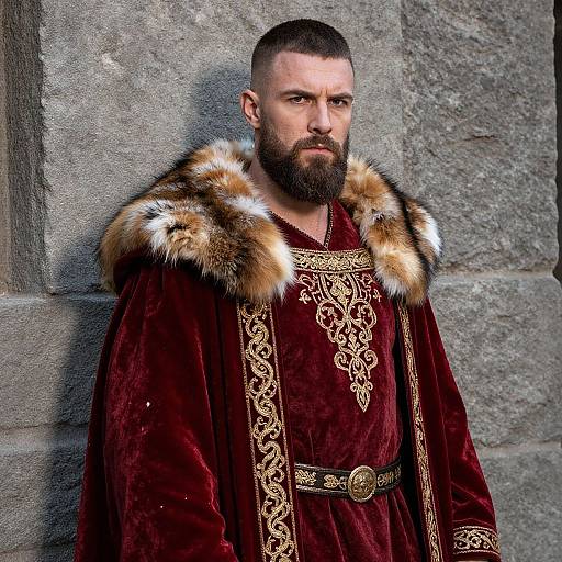 Medieval Nobleman in Red Velvet and Fur Cloak Costume