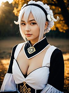 Woman Cosplay Wearing Ram Horns ReZero Anime Maid Costume