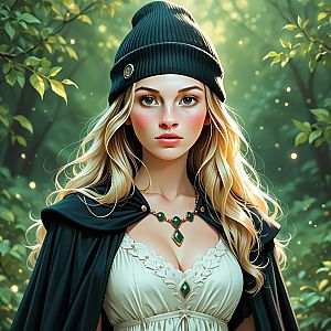 Young Woman in Beanie and Cloak in Forest