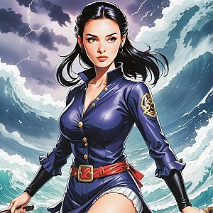 Heroic Woman in Navy Outfit Against Stormy Ocean