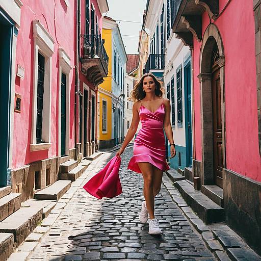 Woman in Pink Satin Dress Walking on Colorful Cobblestone Street