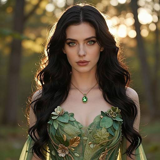 Enchanting Woman in Green Floral Fantasy Gown Portrait