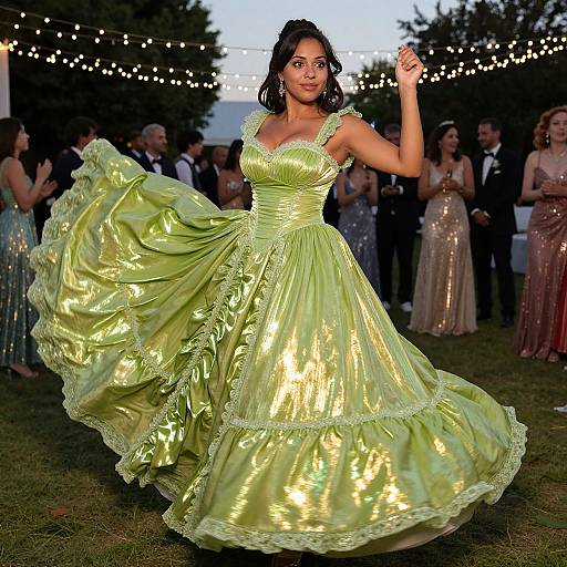 Woman in Shimmering Green Ball Gown Dancing at Elegant Outdoor Event