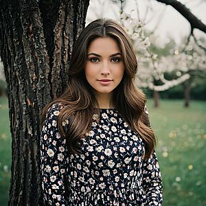 Realistic Portrait of Woman in Floral Dress Outdoors by Tree