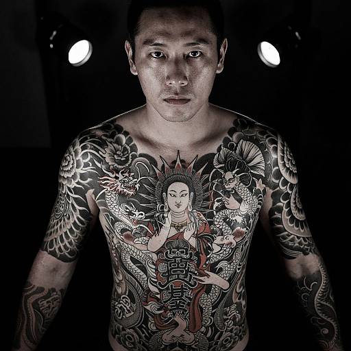 Man with Traditional Japanese Tattoo Featuring Dragons and Buddhist Imagery