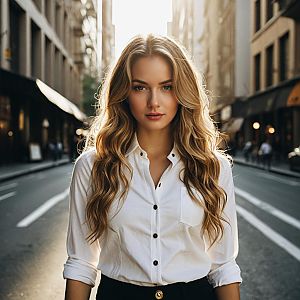 Confident Woman Standing on Urban Street at Golden Hour Wearing White Shirt