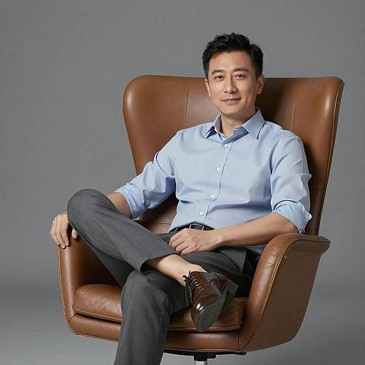 Confident Man in Blue Shirt Sitting on Brown Leather Chair