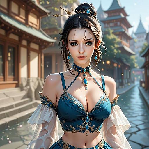 Fantasy Anime Woman in Blue Elegant Outfit on Traditional Japanese Street