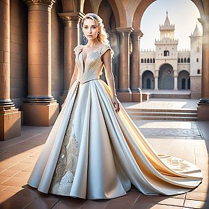 Elegant Woman in Fantasy Gown with Majestic Backdrop