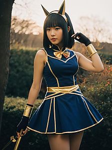 Naomi Misora Cosplay Woman in Elegant Navy Blue and Gold Costume