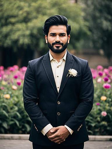 Man in Black Sherwani Blazer Suit with Floral Lapel in Garden