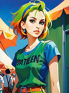 Young Woman with Green and Yellow Hair in Outdoor Setting