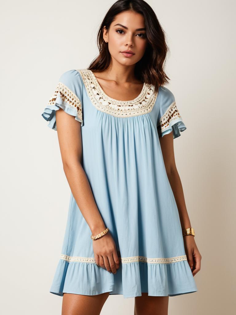 Contemporary Light Blue A-Line Dress with Crochet Lace Details