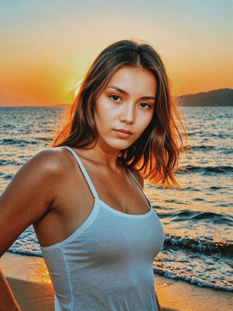 Woman at beach sunset in white tank top