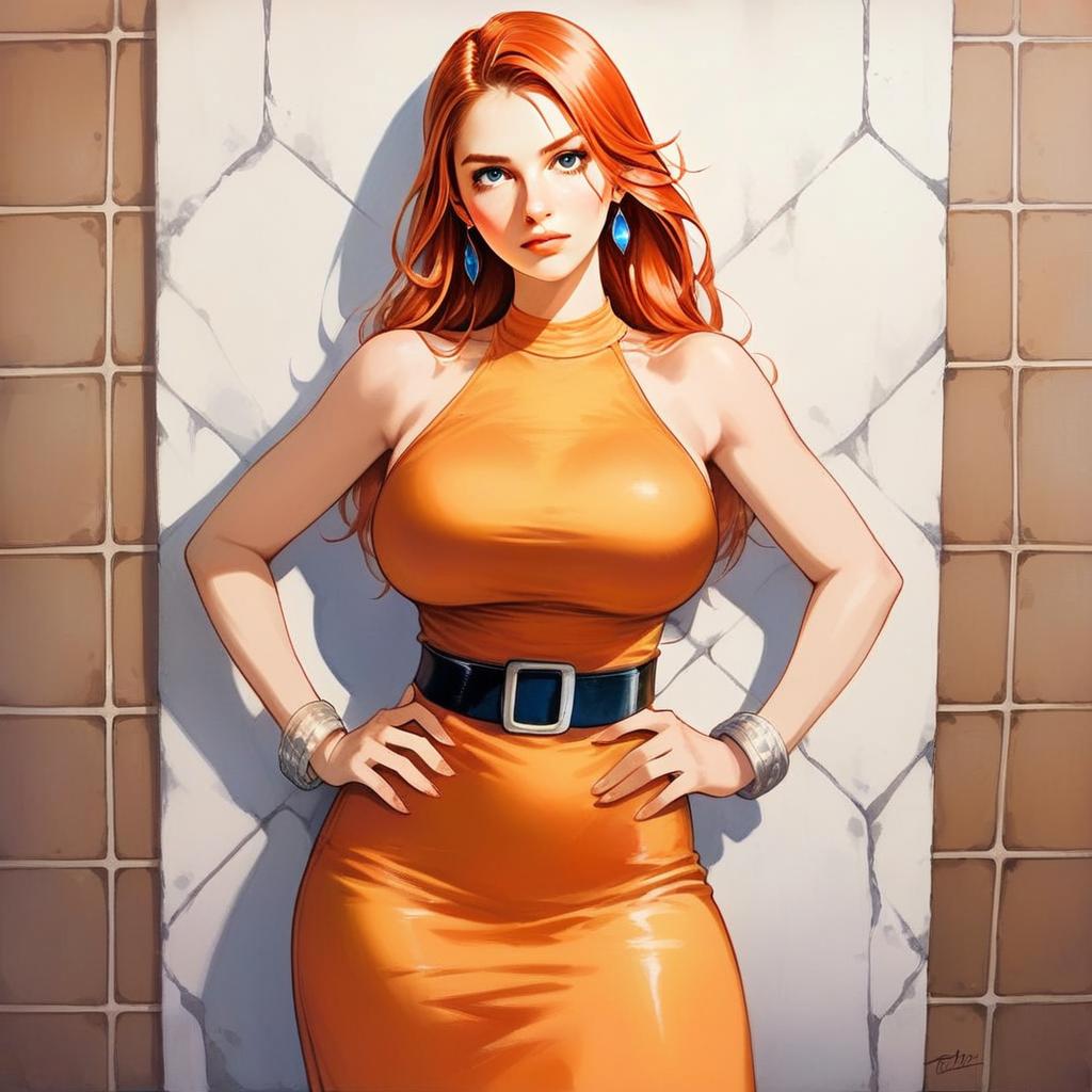 Confident Woman in Orange Dress with Red Hair
