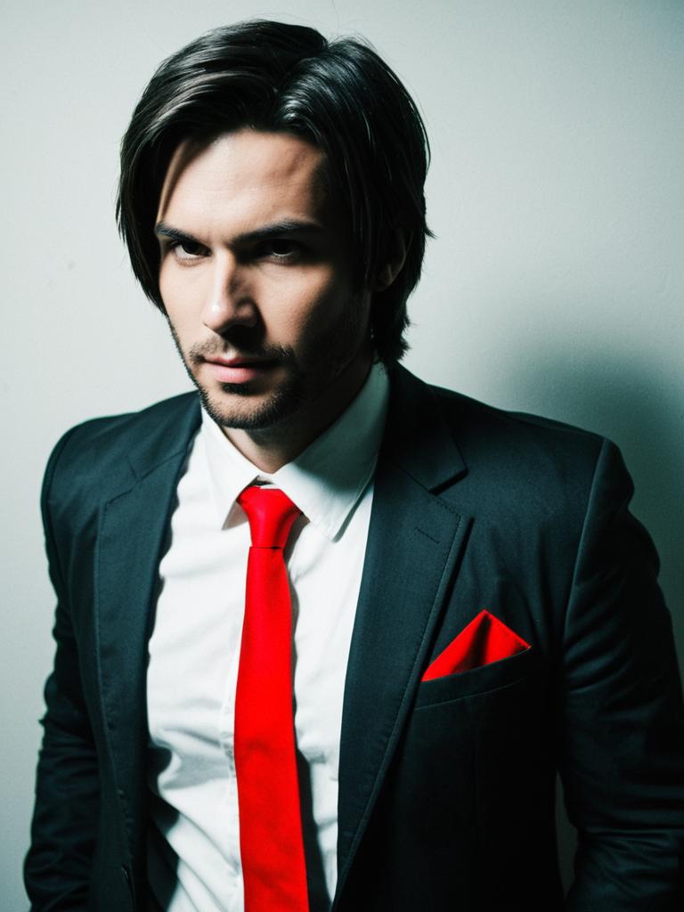 Alex Mercer Cosplay Man in Black Suit with Red Tie Realistic Photo