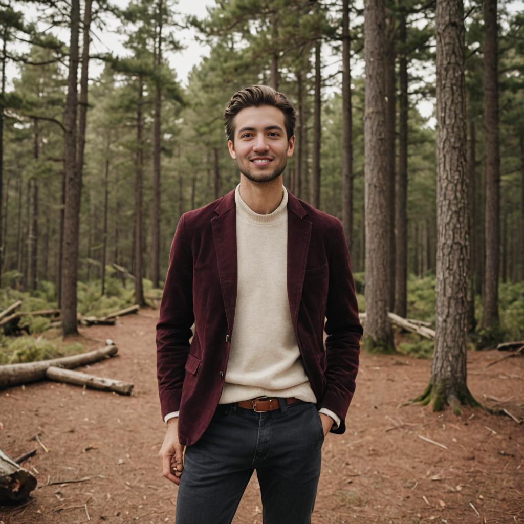 Smiling man in stylish maroon jacket in forest