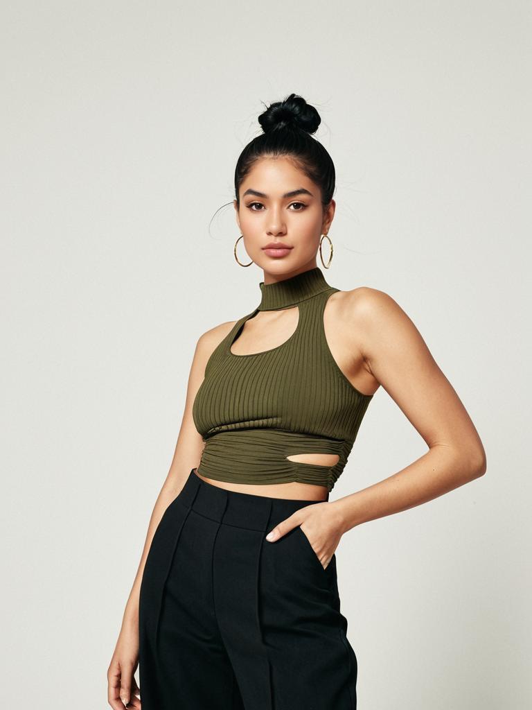 Woman in Olive Green Cut-Out Ribbed Tank Top and Black High-Waisted Pants Street Style