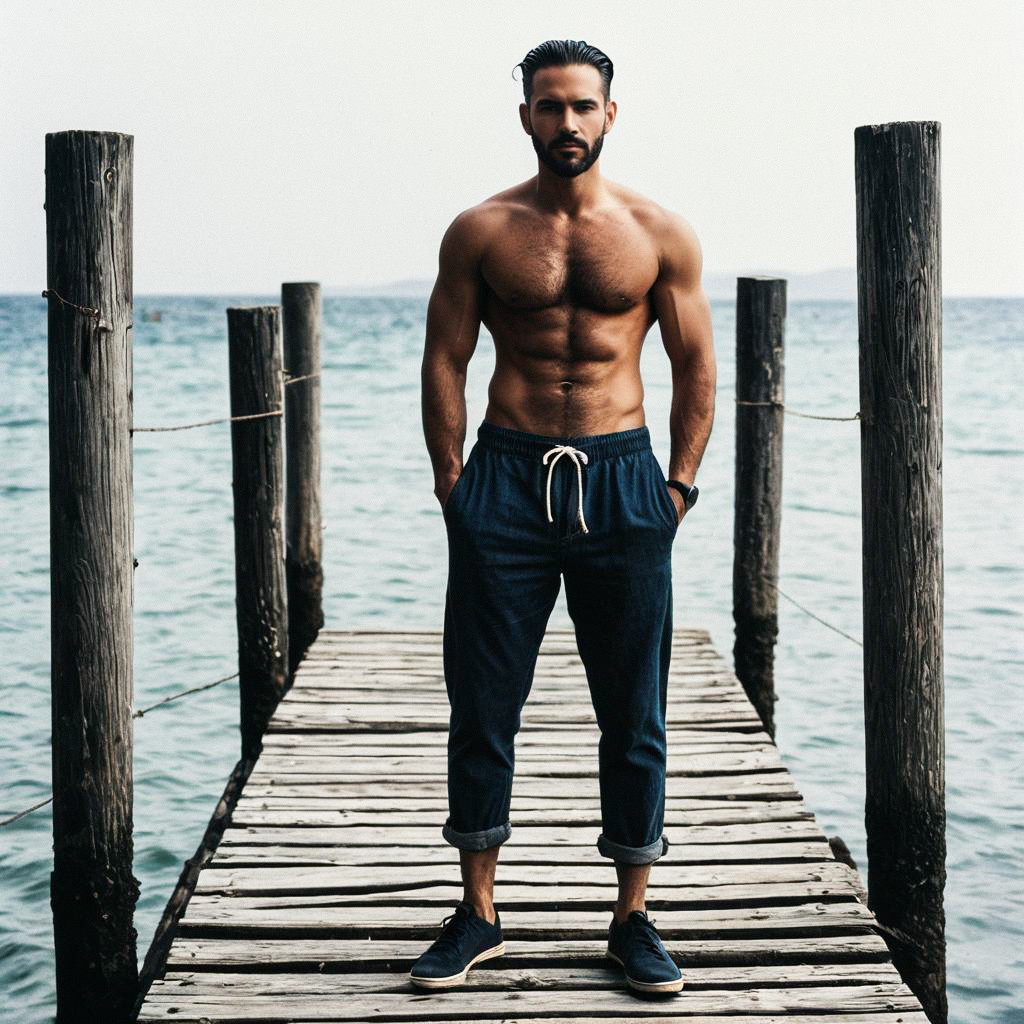Muscular Man on Wooden Pier Over Calm Sea