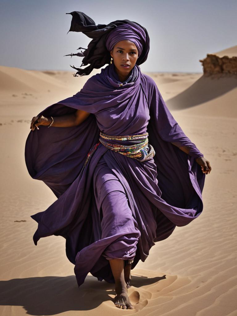 Tuareg Woman in Traditional Attire in Desert