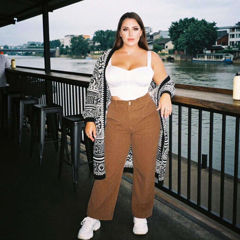 Plus Size Woman in Casual Chic Outfit with Cropped White Bustier and Brown Pants