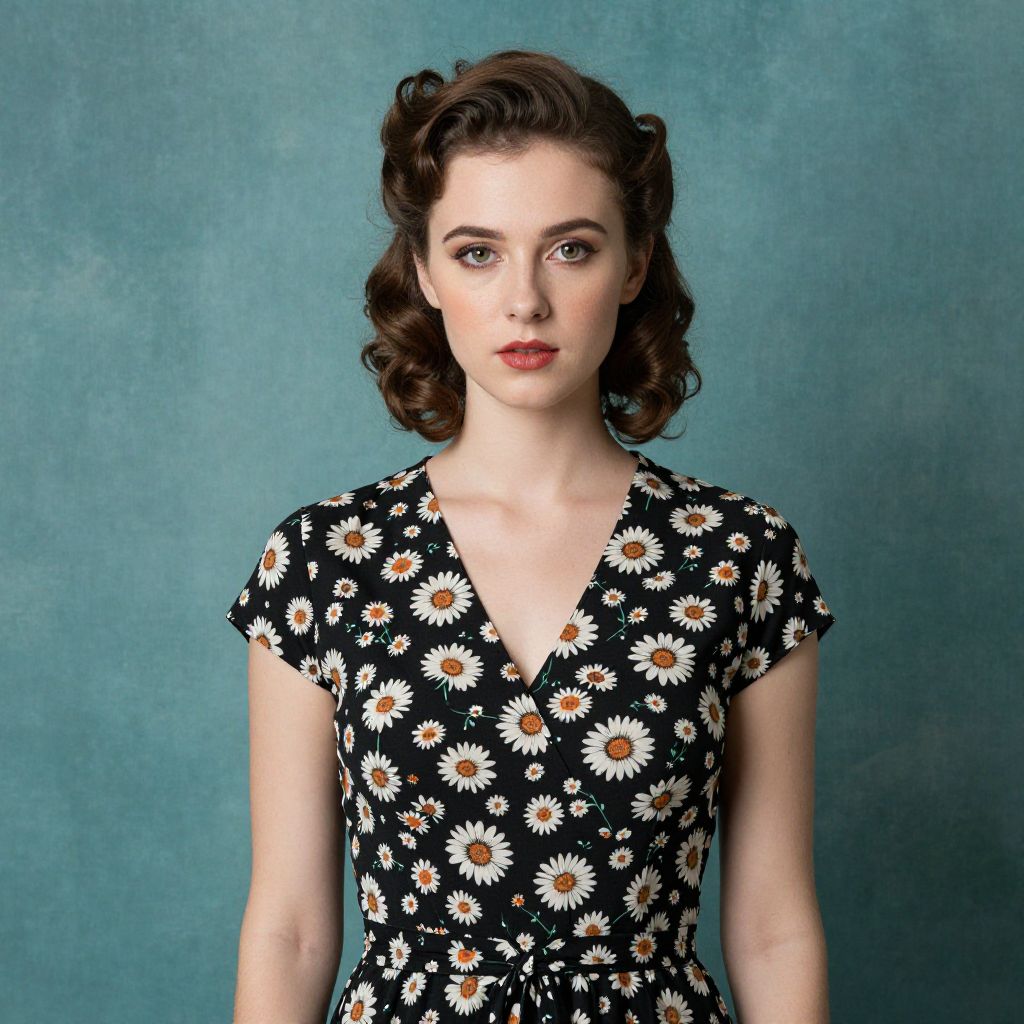 Vintage Style Woman in Black Daisy Floral Dress with Retro Hair