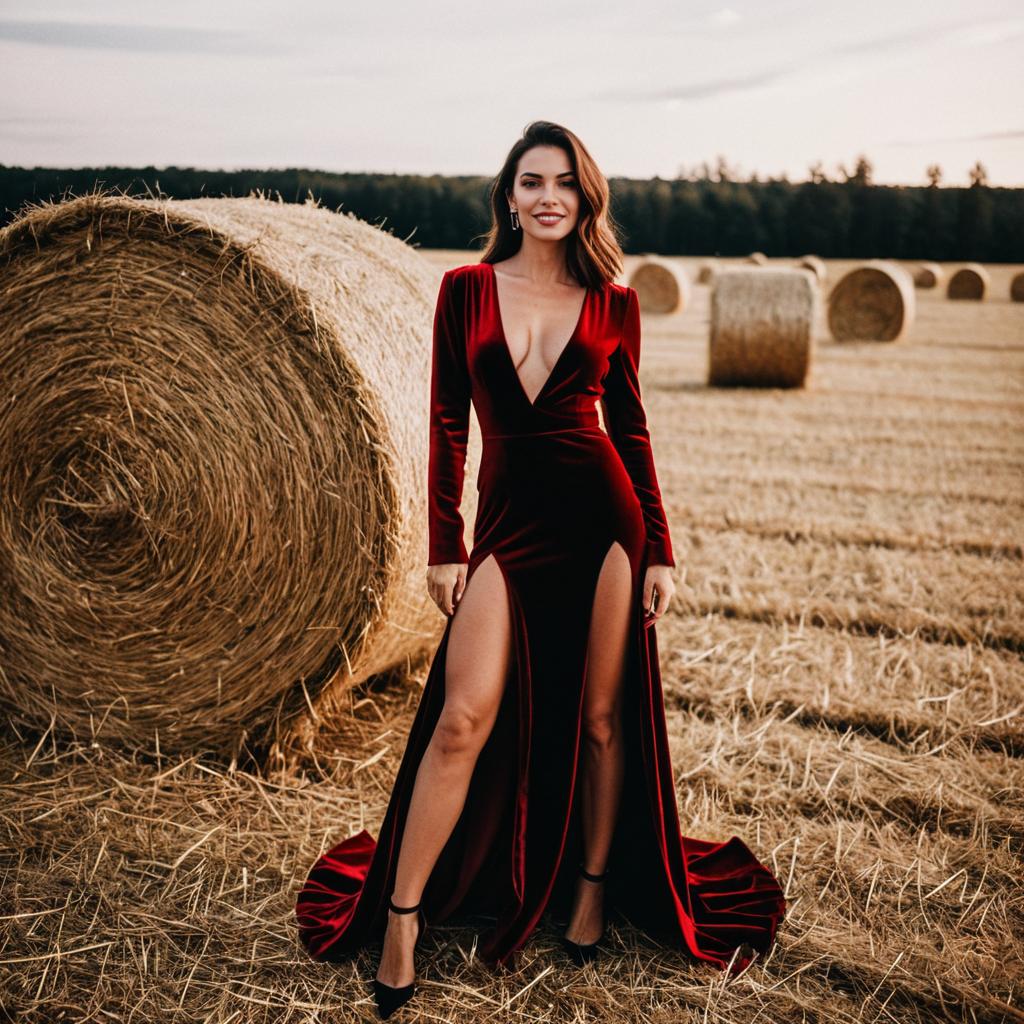 Confident Woman in Red Velvet Gown at Sunset