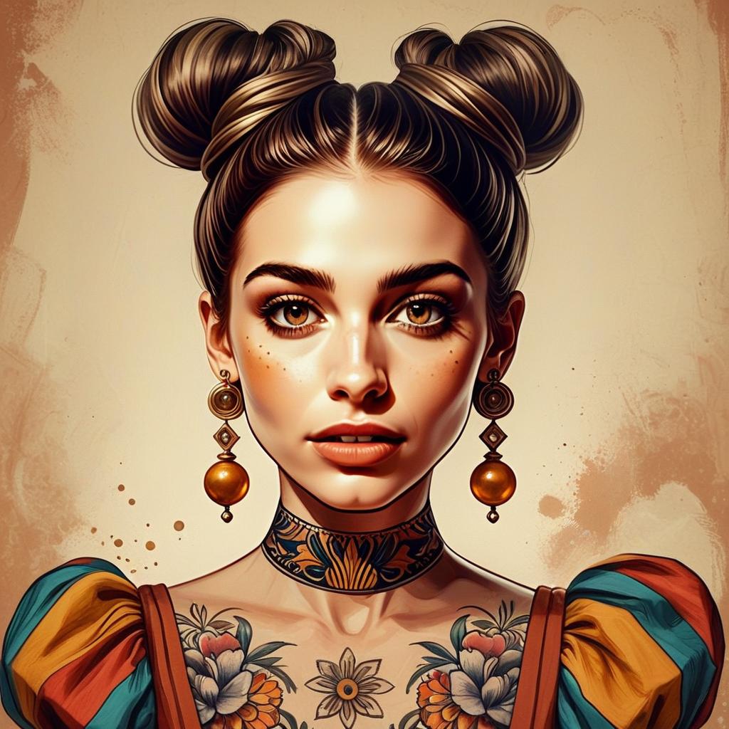 Stylized Portrait of Woman with Floral Tattoos and Colorful Puff-Sleeve Top