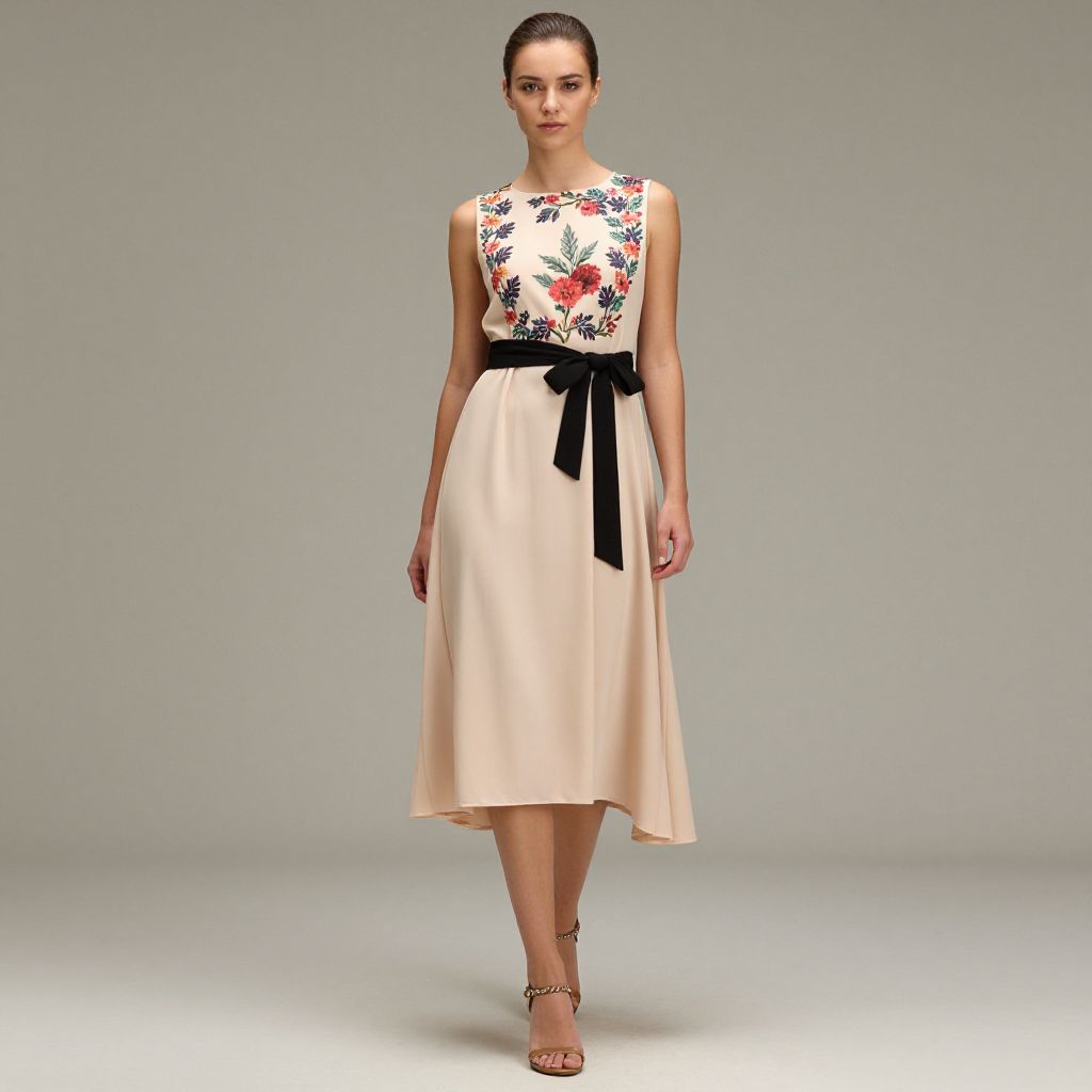Elegant Sleeveless Beige Dress with Floral Embroidery and Black Ribbon Belt