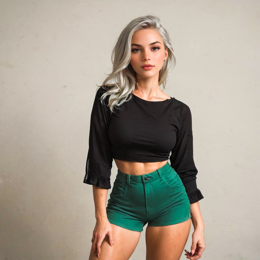 Stylish woman with silver hair in black and green outfit