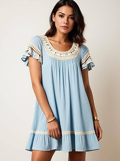 Contemporary Light Blue A-Line Dress with Crochet Lace Details