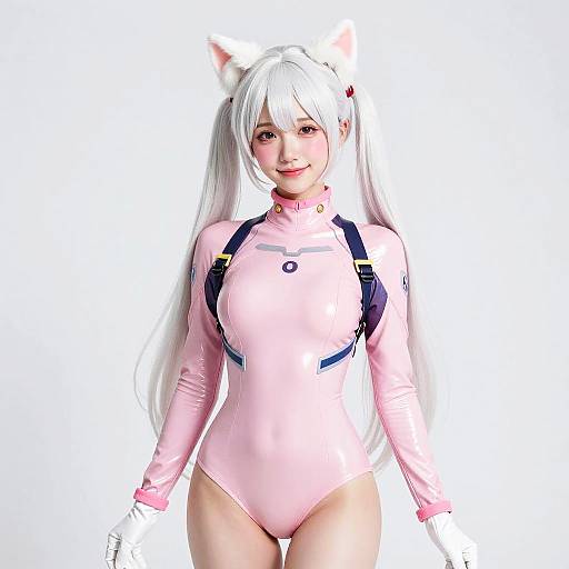 Gen Z Woman in Pink Futuristic Bodysuit with Cat Ears Cosplay
