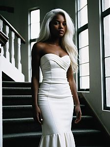 Elegant Woman in White Strapless Dress on Staircase