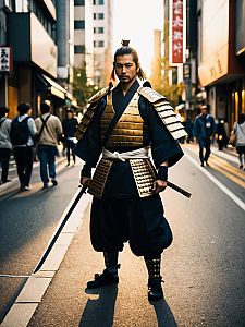 Man in Samurai Costume Full Body Cosplay Photo on Urban Street Golden Hour
