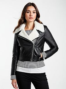 Woman Wearing Casual Chic Black Leather Biker Jacket with Faux Fur Collar