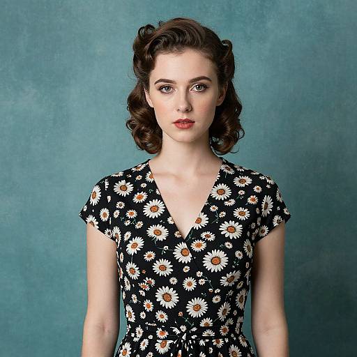 Vintage Style Woman in Black Daisy Floral Dress with Retro Hair