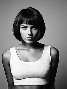 Woman with Short Bob Haircut in White Crop Top Editorial Fashion Photo